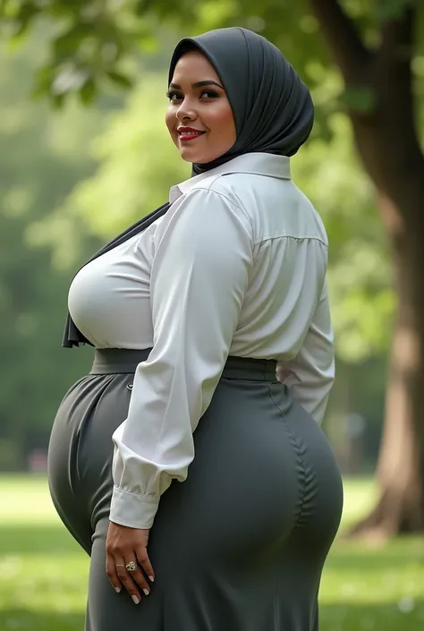 hijab, beautifull lady with very large breast, tree, busty!!!, (huge ass:1.1), (gigantic ass:1.2), bottomheavy:1.3), (big  ass:1.2), round ass, thick thighs, (large breasts:1.5), busty, thick curvy body, hourglass figure, fakebutt zelda, outdoor, (white sh...