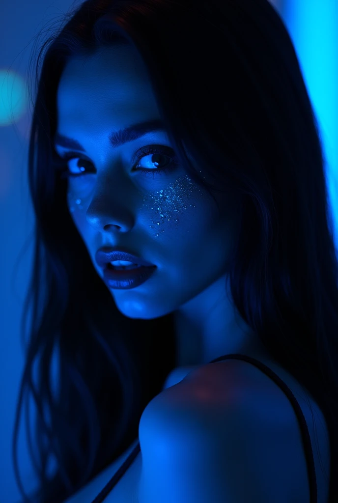  create a full photo of a woman with long straight black hair , freckles,  full lips , fossette,  pronounced cheekbones and intense eyes . Must be in a big black and blue nightclub .  must wear an electric blue dress with very provocative paiette. in testa...