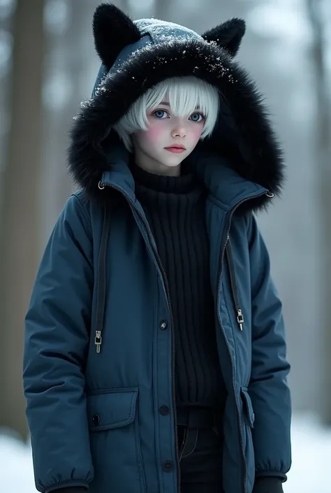  Dark blue jacket with a hood draped over the head ,  decorated with black fur trim ,  cat-ear-like ,  pale skin with visible bags under the sun with the eyes,  stunning white hair ,  black pupils  ,  combined with black jeans ,  high collar and rough high...