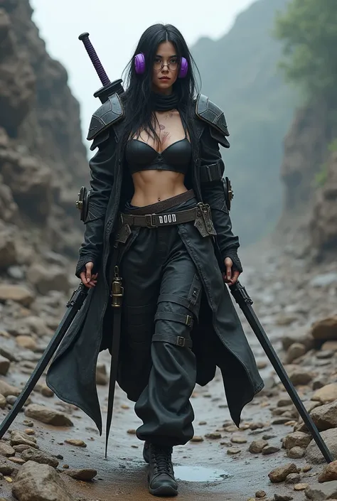 realistic image of a 25 year old girl with long black hair,has a scar on his right cheek and black bra,carry  two swords on the back  wear purple shoes , with purple sword, walking on a rocky road, wearing a purple headset and glasses wear trousers and hea...