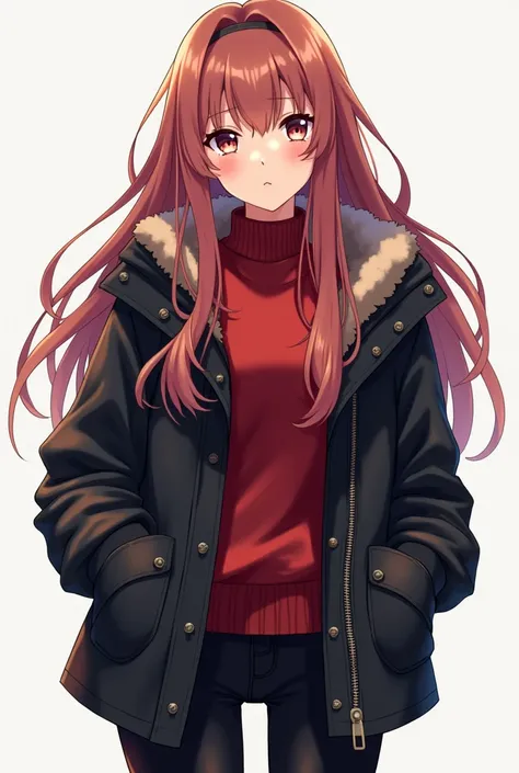 A beautiful anime girl with a red sweater with a fastener over which a black plowing jacket with black pants and black sneakers,  art,  Big breasts 