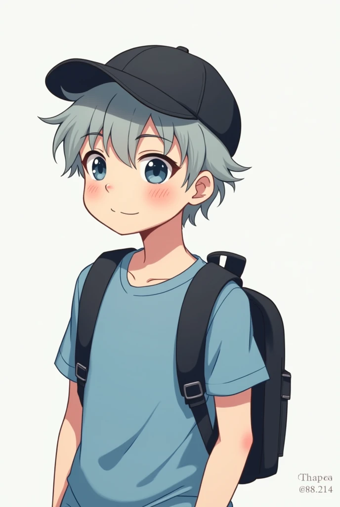 1boy, messy gray hair, black cap, simple blue blouse, black backpack on the back, Cartoon adult digital art, clean art