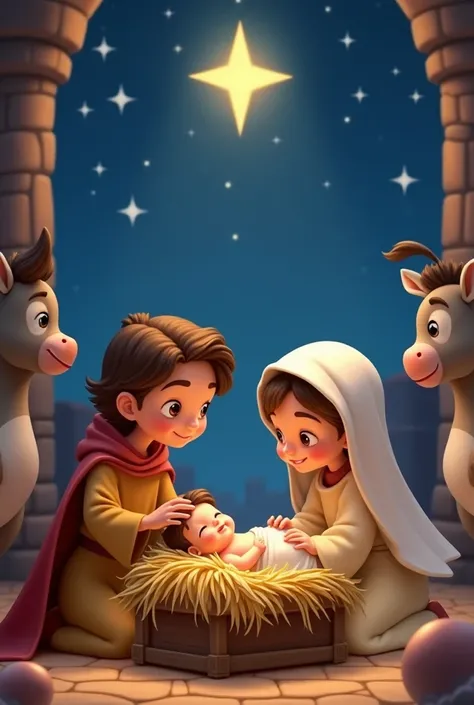  An adorable Christmas scene in the style of an animated Disney movie .  the characters have big and expressive eyes , Mary and Joseph are kneeling around the manger ,  both with tender and warm expressions .  Maria has a white cloak with soft edges and a ...