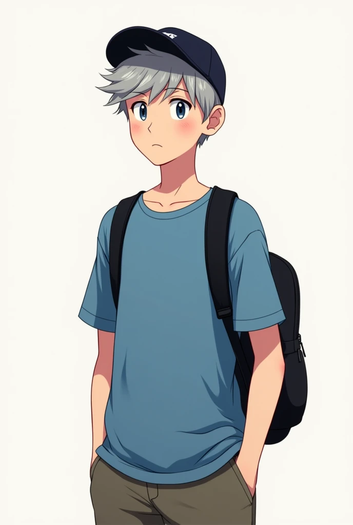 1boy, 20 years, messy gray hair, black cap, simple blue blouse, black backpack on the back, Cartoon adult digital art, clean art