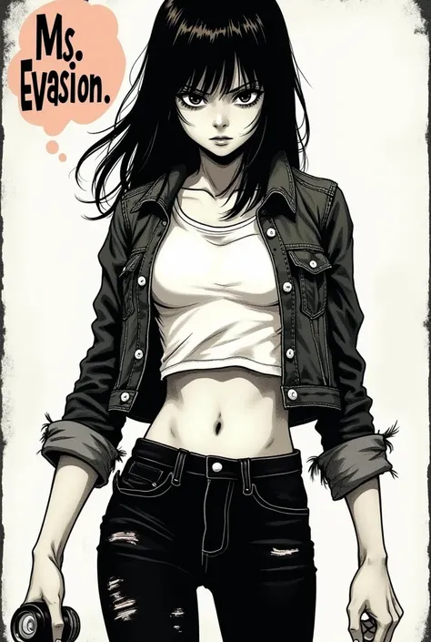 In the style of Junji Ito, Junji ito Manga type image, girl, tight white crop top, tattered and frayed black jean jacket, black leggings, serious, determined, medium length hair, long bangs, carrying a flashlight in her left hand, slightly dirty, slightly ...