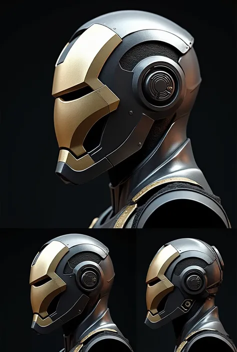  Generate a samurai-style iron man helmet, Where you can see the front ,  side and top view of the mask 