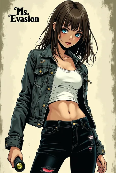 In the style of Junji Ito, Junji ito Manga type image, girl, tight white crop top, tattered and frayed black jean jacket, black leggings, serious, determined, bright blue eyes, medium length brown hair, long bangs, carrying a flashlight in her left hand, s...