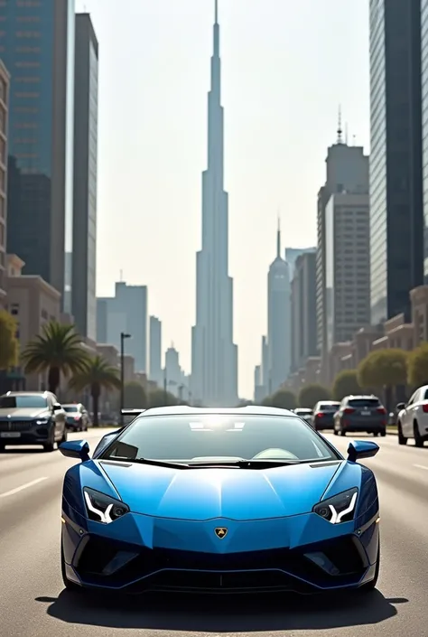  a Lamorghini Aventador model 2024 on a Dubai avenue, Next to the Burj Khalifa 