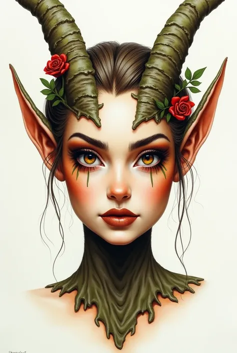 FACE ART ,  MAKEUP SKETCH ON PAPER ,  FRONT FACE , Drawing:  Character fantasy makeup ,  with the application of prosthesis of some horns with the texture of tree bark with a small rose. From the horns to the beginning of the eyebrows make that same textur...