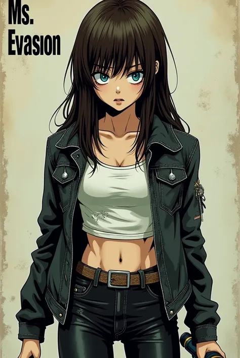 In the style of Junji Ito, Junji ito Manga type image, girl, tight white crop top, tattered and frayed black jean jacket, black jacket, black leggings, serious, determined, bright blue eyes, medium length brown hair, long bangs, very long hair, carrying a ...