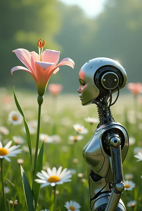 mechanical lily , futurist, real, realistic,  in the middle of a field full of daisies .  A cyborg kisser admiring the lily