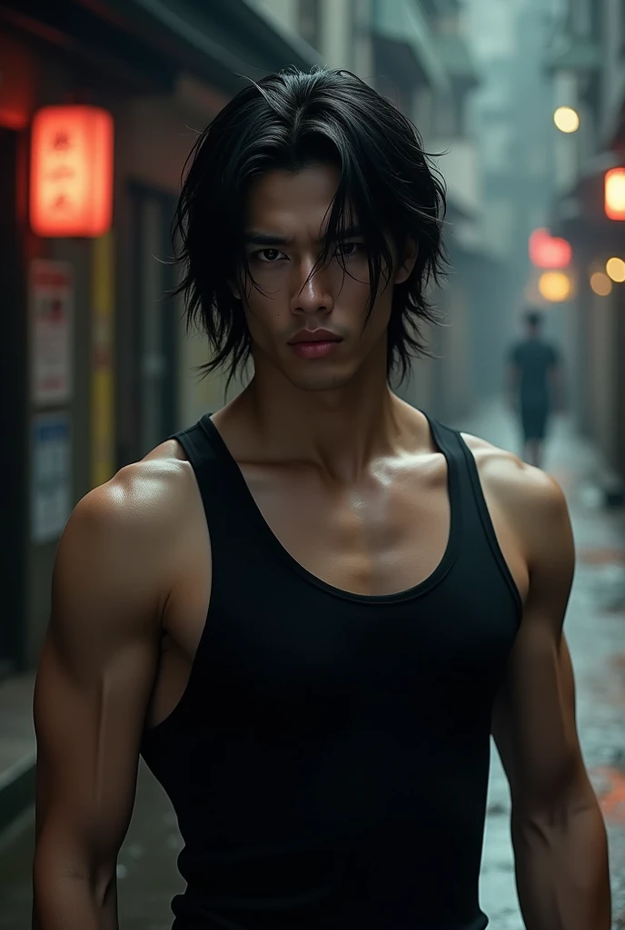  White-skinned man,  Asian extremely serious and sexy at the same time ,  long hair falling on the eyes , Fleshy mouth and slightly pink , wears a black tank top and is on the slightly illuminated street, the ground is wet by the recent rain , image 100%  ...