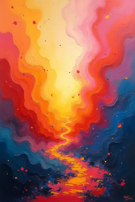 "An abstract composition that blends vibrant, joyful colors with hidden symbolism and meaning. Bright swirls of orange, pink, yellow, and blue intermingle, creating a lively, energetic atmosphere. In the midst of the chaotic patterns, subtle shapes emerge,...