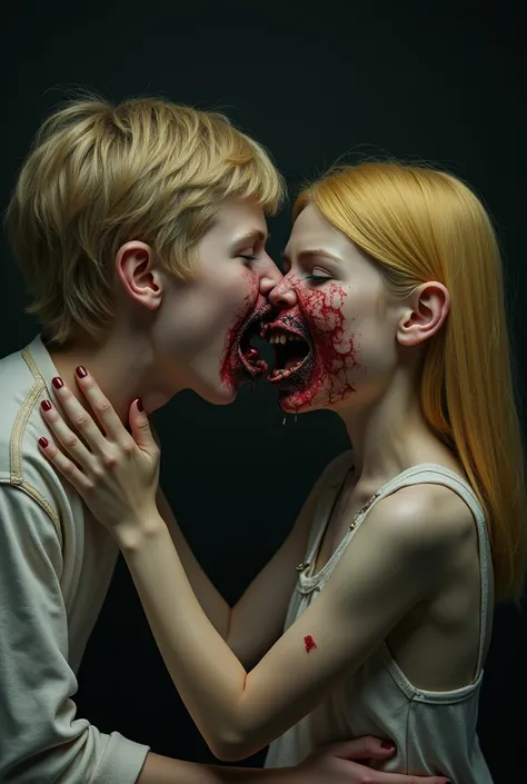 blonde siblings. one has jaw unhinged and is eating the others face. the one eating the face is a boy. the one being eaten is a girl. he’s eating her entire face. you can’t really see it anymore