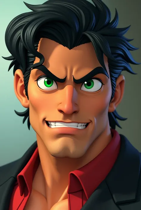 (HQ),( Stylized ArtStylized Art),(vibrant colors),(masculine),( strong traits),(realism2 .0),(Disney1.0),(hire 3D artist ),  Black-haired man,  green eyes ,  looking forward.