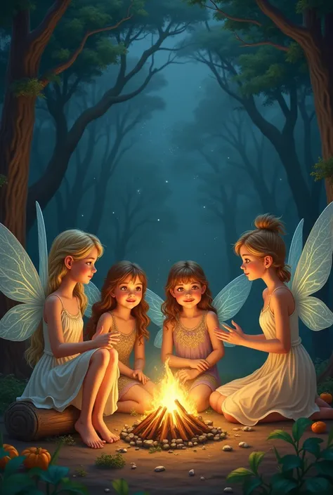 5 fairies talk at a campfire about an ancient story in the vicious dragons