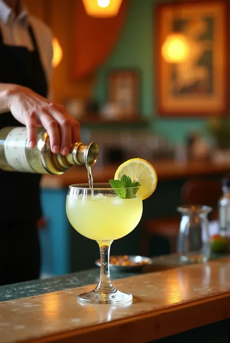  limoncello spritz cocktail being prepared without people in the background that looks elegant that the background looks a little more colorful, like in a French-Italian restaurant 