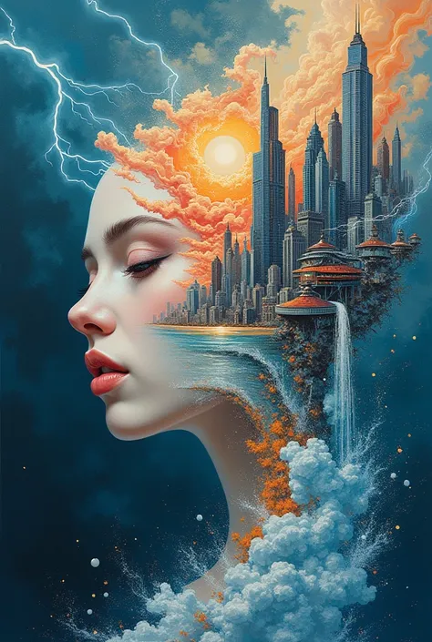 abstract face in a city landscape, a photorealistic painting by Mark English , [:anime line art:0.2], celestial and Heat and Thunder and Water themed, epic splash art , auto-destructive art, , abstract