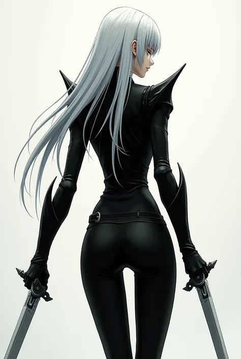 Reze of Man Chainsaw,  Tight suit , dagger in hand,  white hair , the view is focused on the ass