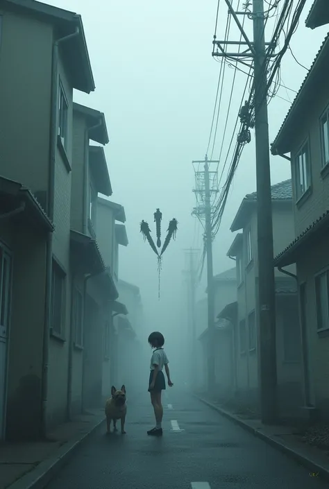  Japanese residential area shrouded in morning fog 、  A bug occurred in part of the partition wall under construction, And black hands are stretched out .、 shortcut with surprised face nearby _ young high school girl wearing glasses 、 mixed dog with a pug ...