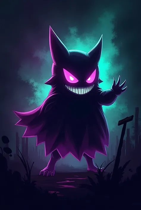 Pokemon gengar with a dark style but bright colors for a logo with the name Mr 7u7 