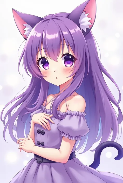 1 girl ,  ,0 purple Hair,  long hair,  purple eye,  in a pretty light purple dress , neko,  neko ears , neko tail  , Anime, Anime Style 