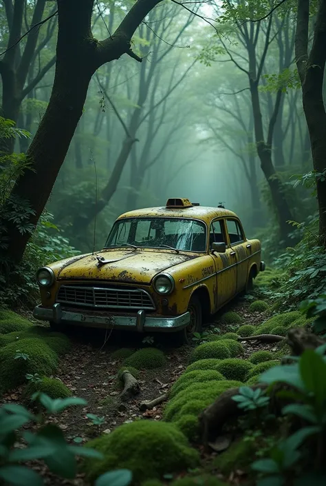 Mysterious image of an abandoned taxi in a forest