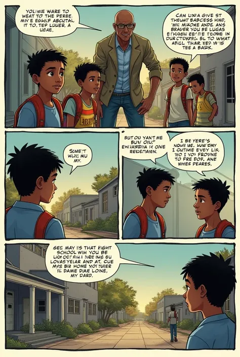  Make a comic with 4 bullet points with the data Im going to give you :
**Description:**  In an impoverished neighborhood , Two ren (Lucas y times)  they look at a school from the outside .  School seems neglected .
**text:**  
Lucas: " If only we could go...