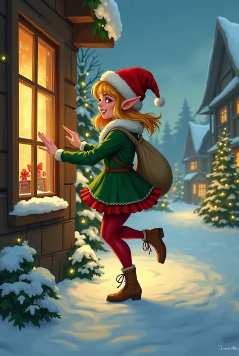 Create a female elf stealing gifts from houses at Christmas time 
 