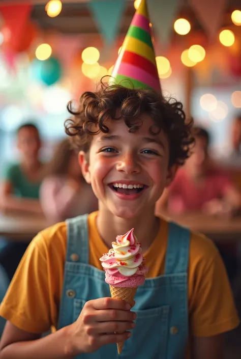 Young Man smiling in happiness on his birthday wearing a birthday hat, holding an scoop ice cream in one hand and spoon in the other. With party atmosphere in the background. Long shot. Vibrant colors. Colorful. 4K