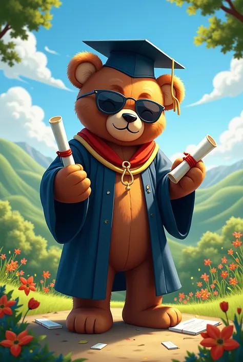 Create me a picture of kanye west graduation teddy bear graduating 