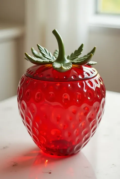 Create a strawberry shaped glass container with an empty functional flat lid 
