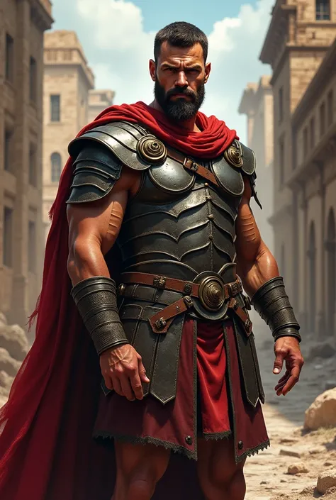 Give me the image of a realistic ancient and strong Roman soldier with his armor and very handsome 