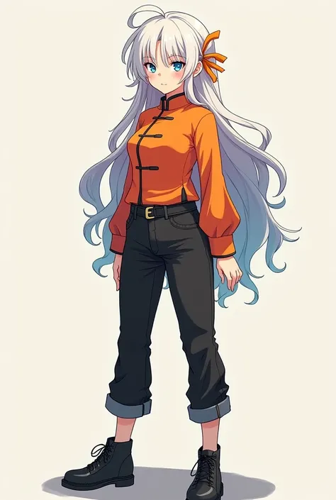 Teenage female anime style character design, she is of average height, fair skin, blue eyes, has messy white hair with a long braid, and has a voluptuous body and big breasts, she wears an orange Chinese long-sleeved shirt, black pants and lace-up shoes.