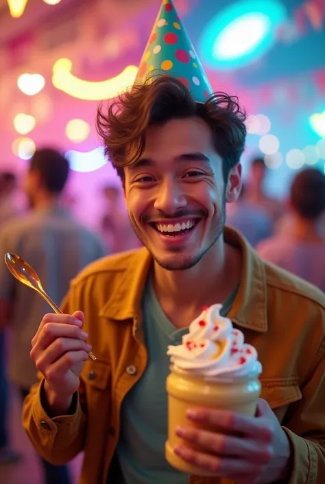 Young Man smiling in happiness on his birthday wearing a birthday hat, holding an ice cream jar in one hand and spoon in the other. With party atmosphere in the background. Long shot. Vibrant colors. Colorful. 4K