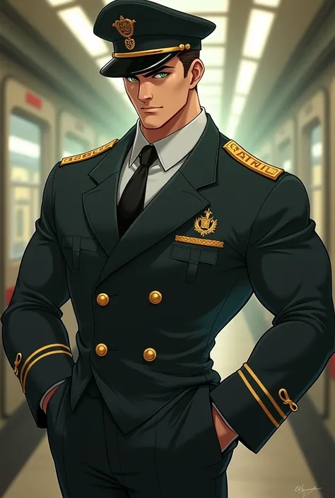 Ethereal, hot, refined, musclar male, train conductor, green eyes, animated 