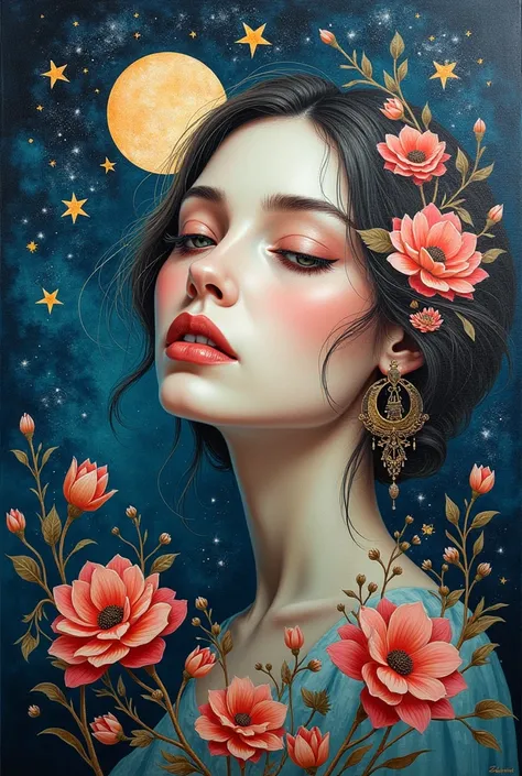 modern painting, womans face , stars, flores, lua