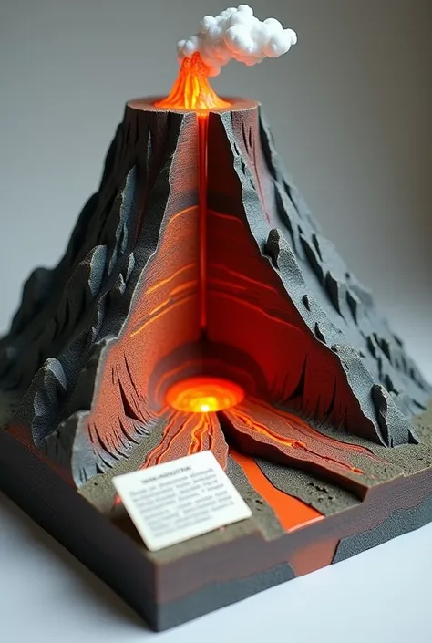 Plastic model of a volcano with a cross section with an inscription card 
