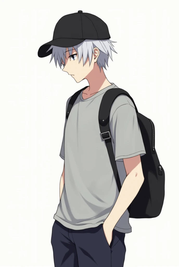 messy gray hair, black cap, simple gray blouse, black backpack on the back, relaxed, leaning slightly to the left side, Cartoon adult digital art, anime, clean art