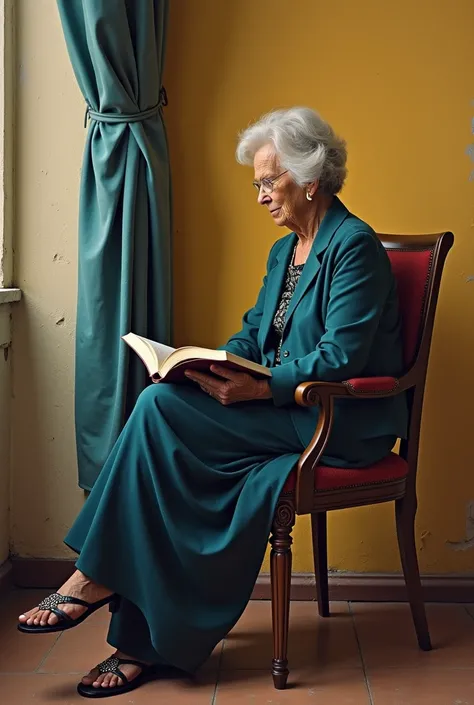  there is a woman sitting in a chair with a book, a portrait of José Malhoa ,  Instagram , pop art, pillar, she is about 70 years, 70 years, 70 years, old woman, old, unknown artist, Karla Ortiz, monserrat gudiol, Julia Fuentes, valentina remenar