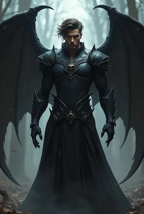 dark brown hair man with hazel eyes with demon wings and black armor