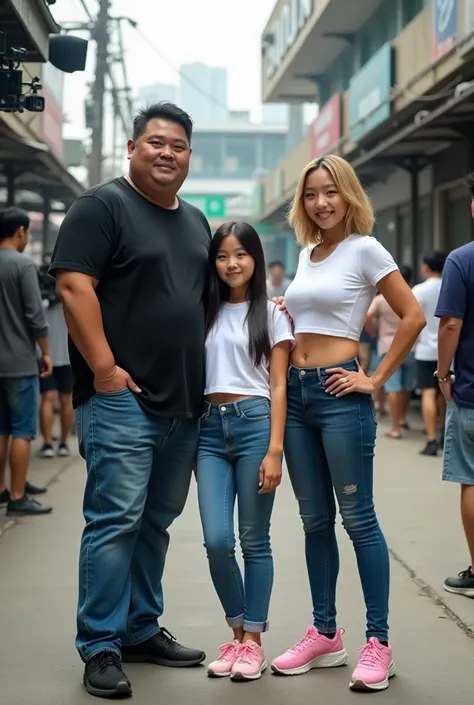 A realistic, professionally captured photo by a skilled photographer. The scene features an Asian man with a large build, slightly chubby with a small belly (height: 180 cm, weight: 110 kg), wearing a black t-shirt and jeans. He is standing alongside two J...