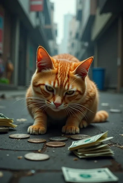 Sad orange cat looking for money