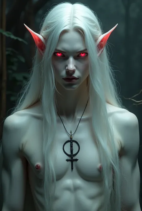 Create the image of a pale male elf, with long hair and arms ,  hes a vampire ,  then he has bright red eyes ,  on his chest has a vampire rune tattoo 