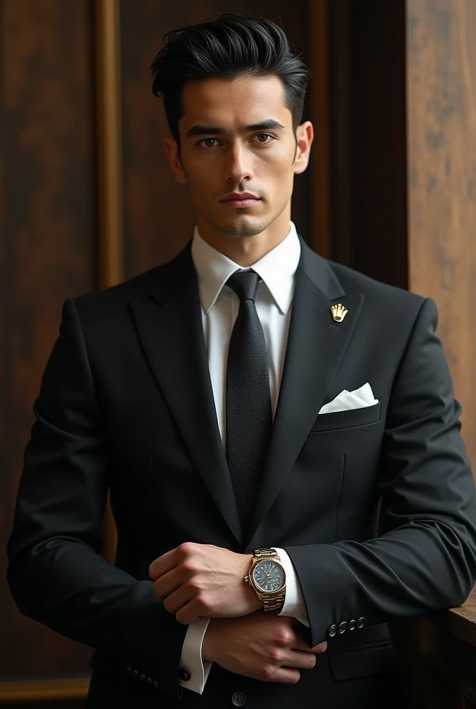 Mens test White gray eyes with gym body 1:90 Black hair black suit with a Rolex gold cufflinks