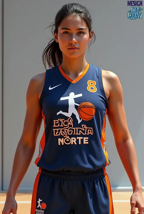  Sleeveless womens basketball uniform with a logo containing a silhouette of a player dribbling, with a cross in the background and a number 8 and with the name LIGA ZONA NORTE