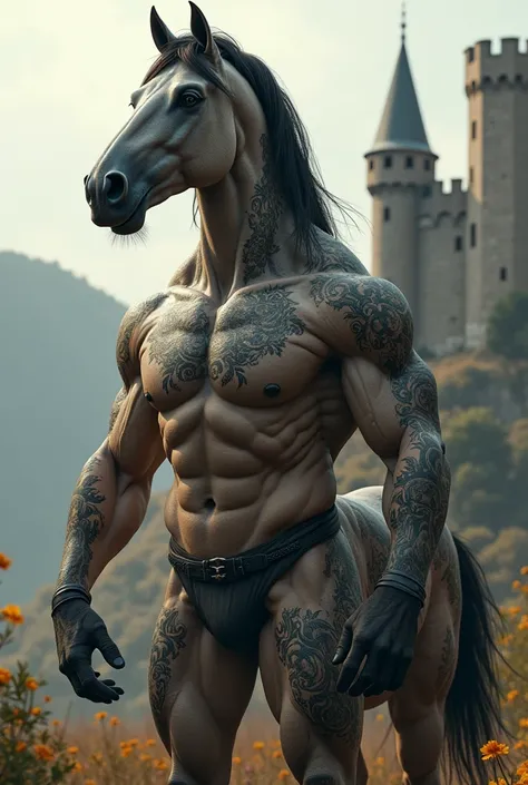  high quality ,  8k Ultra HD,  of a very strong anthropomorphic horse , very realistic, very strong with defined muscles
With tattoos and scars all over the body
Like a medieval setting