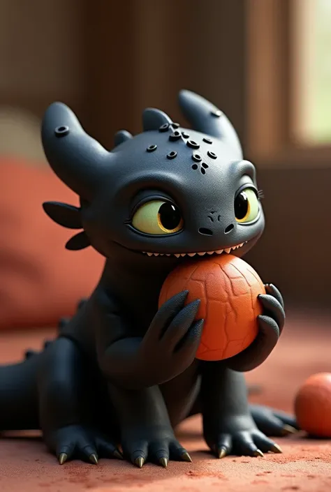 Toothless from “how to train a dragon” sitting with a playing ball inside his mouth 