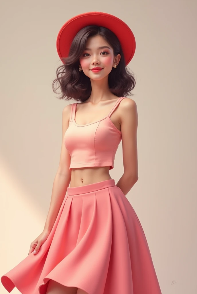 The girl is wearing pink skirt and croptop and a red hat