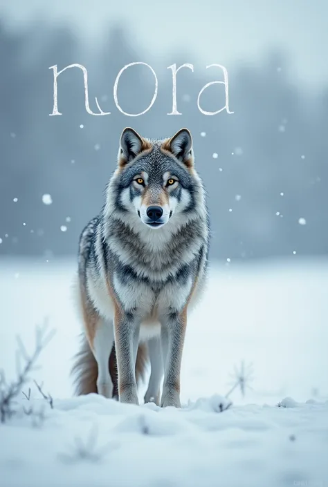 A real wolf in the snow and the written phrase "Nora"